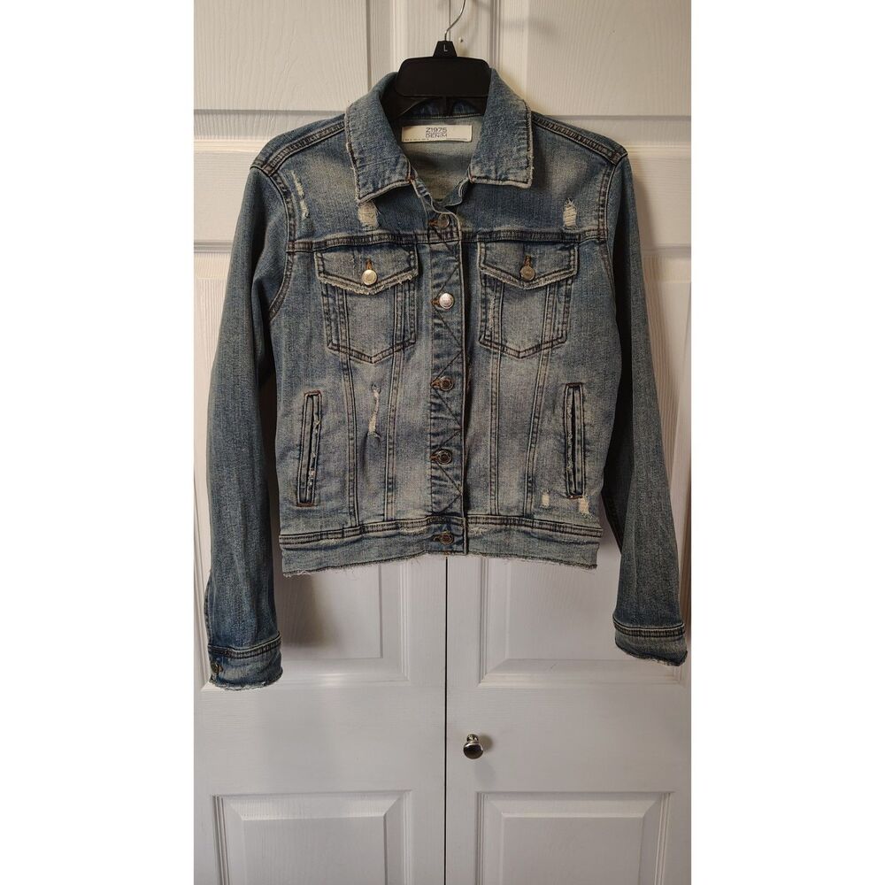 Zara Basic Z1975 Distressed‎ Denim Trucker Jacket Medium Wash Medium